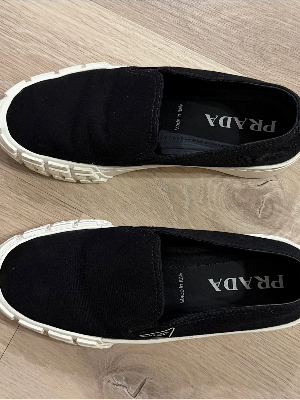 Prada Black Canvas Slip-On Sneakers with Cream Platform - Picture 3 of 10